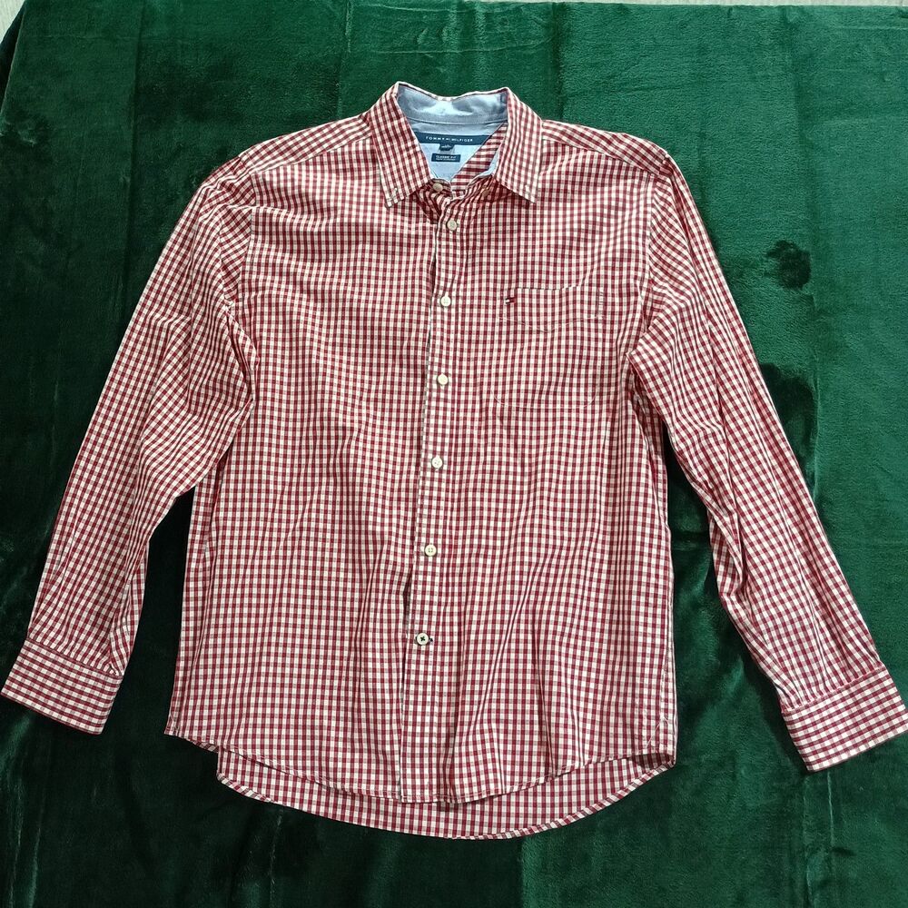 Tommy Hilfiger Mens L Red Gingham Check Shirt Button Down Long Sleeve Flag Logo